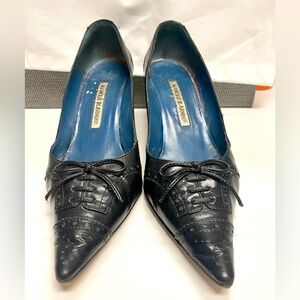 36.5 Manolo Blahnik black wing tip with blue accent.